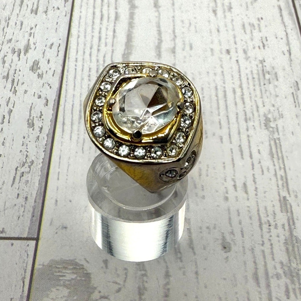 Vintage Gold Tone Statement Ring Clear Glass Cabochon Halo Chunky Band Size 9
